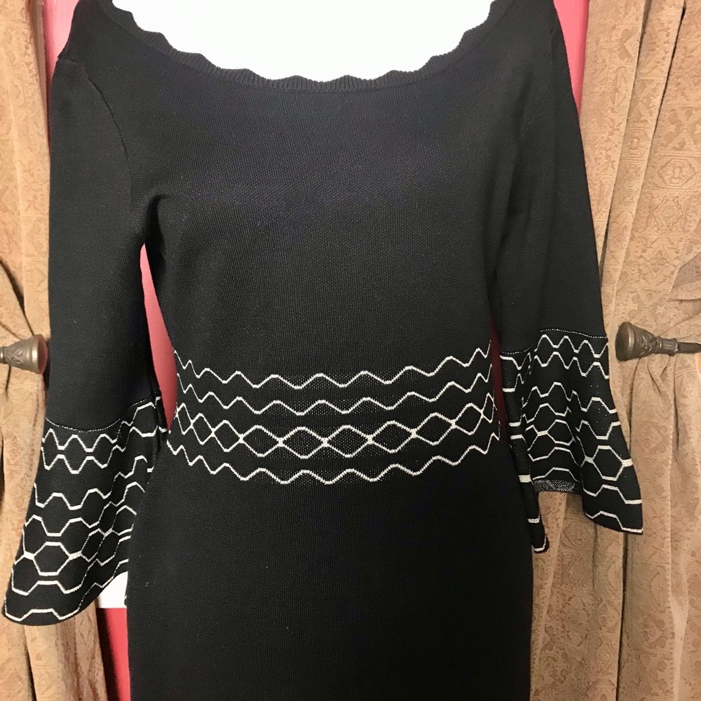 Nina Leonard 3Season retro black dress. gold hued design elements